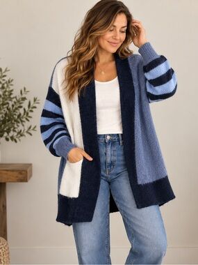 White Stuff Alpaca Wool Blend Colourblock Cardigan Blue Cream Navy Striped